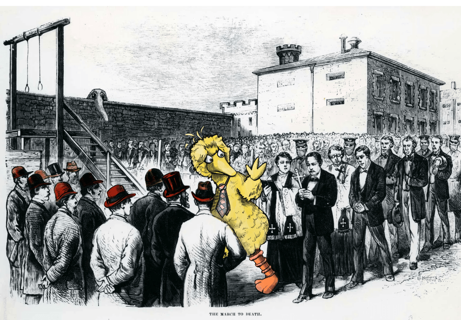 Black and white newspaper-style illustration of sad Big Bird being marched to the gallows by politicians in red hats, while Mr. Snuffleupagus watches in despair from the other side of the wall.